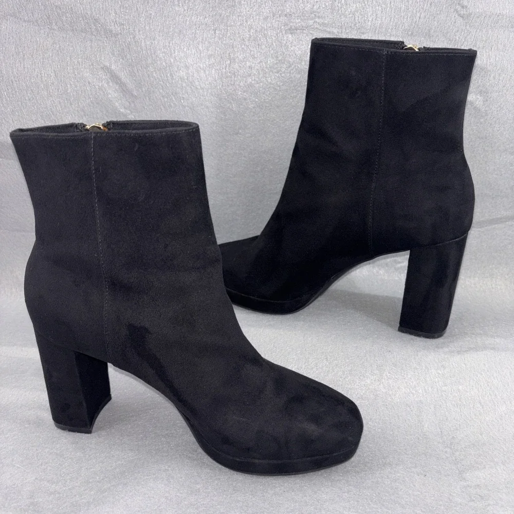 H&M Black Suede Platform High Heel Ankle‎ Boots Womens 6 Gold Tone Side Zip EUC